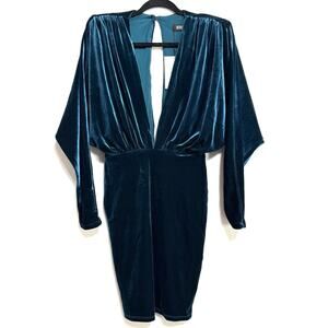 NOOKIE Rumi Suede Mini Dress Large Teal Deep V-Neck Pleated Shoulder Pads NWT